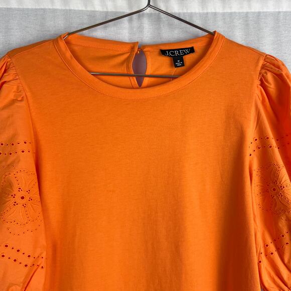 NEW J. Crew Top Puff Sleeve Eyelet Orange Resort Beachy Vacation Cruise Summer - Picture 2 of 6